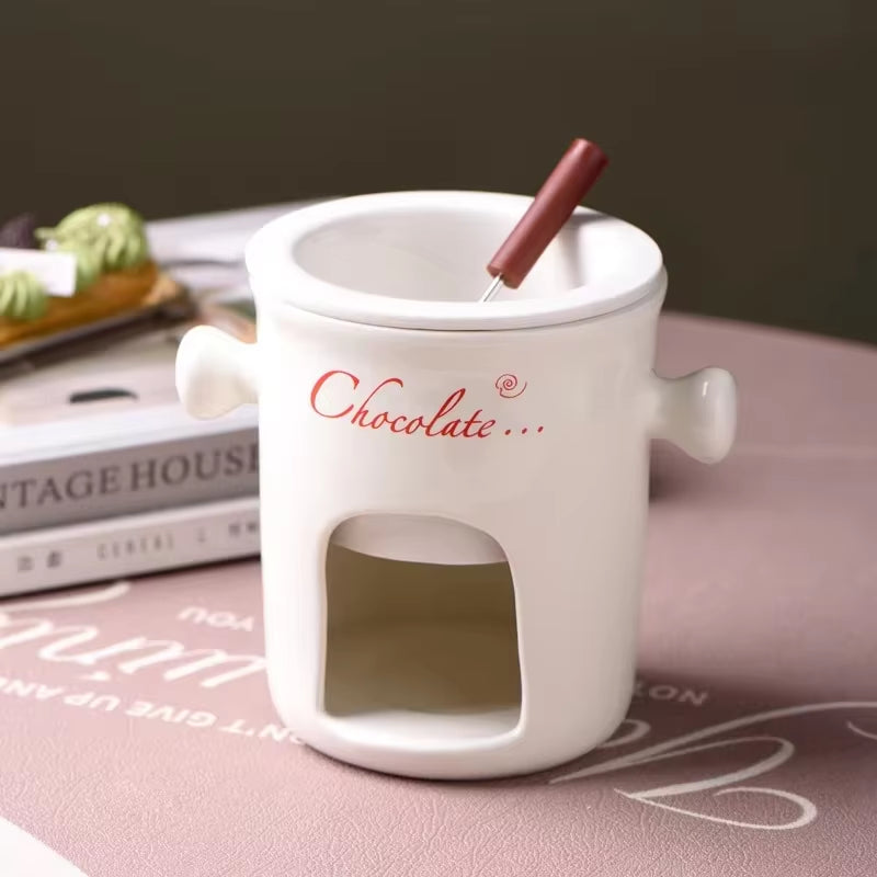 Ceramic Chocolate Chafing Dish Cup with Fork Candle Pot Melting Chocolate Mug Tableware Creative Household Drinking Utensils