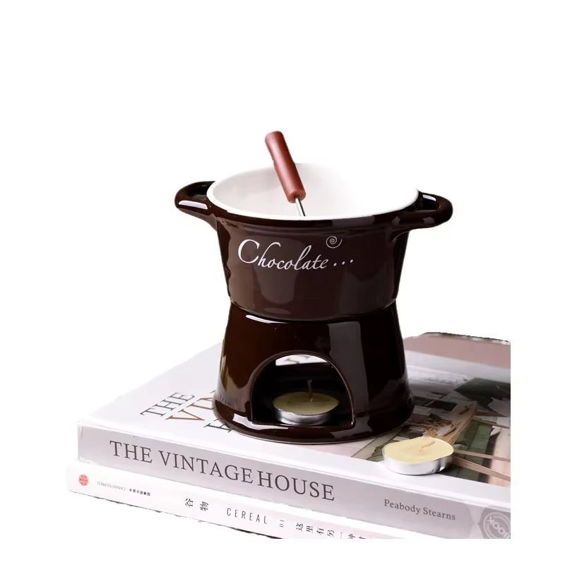Ceramic Chocolate Chafing Dish Cup with Fork Candle Pot Melting Chocolate Mug Tableware Creative Household Drinking Utensils