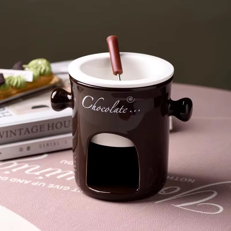 Ceramic Chocolate Chafing Dish Cup with Fork Candle Pot Melting Chocolate Mug Tableware Creative Household Drinking Utensils