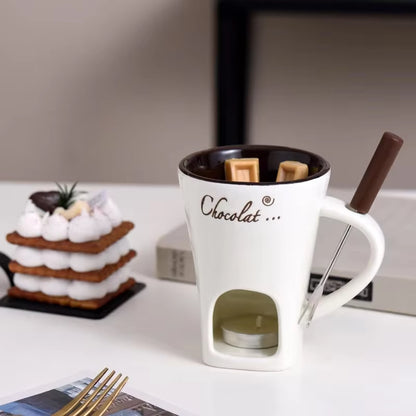 Ceramic Chocolate Chafing Dish Cup with Fork Candle Pot Melting Chocolate Mug Tableware Creative Household Drinking Utensils