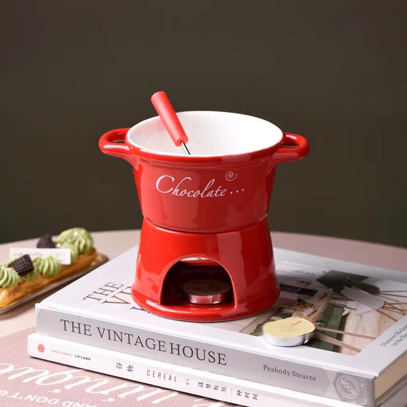 Ceramic Chocolate Chafing Dish Cup with Fork Candle Pot Melting Chocolate Mug Tableware Creative Household Drinking Utensils