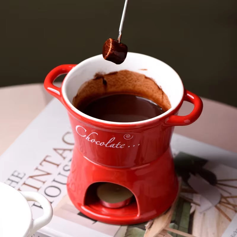 Ceramic Chocolate Chafing Dish Cup with Fork Candle Pot Melting Chocolate Mug Tableware Creative Household Drinking Utensils