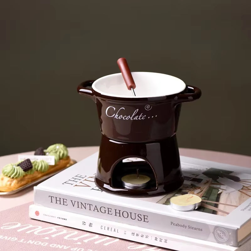 Ceramic Chocolate Chafing Dish Cup with Fork Candle Pot Melting Chocolate Mug Tableware Creative Household Drinking Utensils